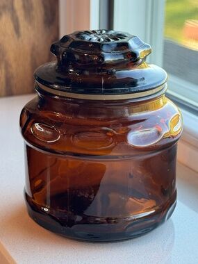 VINTAGE Amber Glass Canister Jar with Decorative Lid